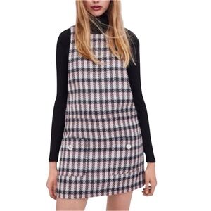 Zara Women's Tweed Plaid Multicolored Pink Silver Pinafore Overall Dress, Small
